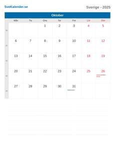 Kalender 2025 Oktober