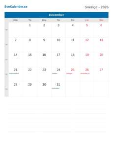 Kalender 2026 December
