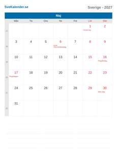 Kalender 2027 Maj