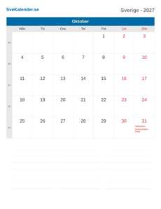 Kalender 2027 Oktober