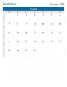 Kalender 2028 Augusti
