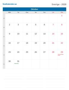 Kalender 2028 Oktober