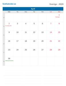 Kalender 2029 April