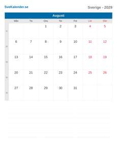 Kalender 2029 Augusti