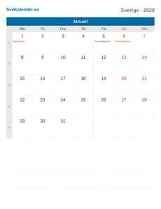 Kalender 2029 Januari