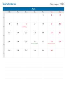 Kalender 2029 Juni